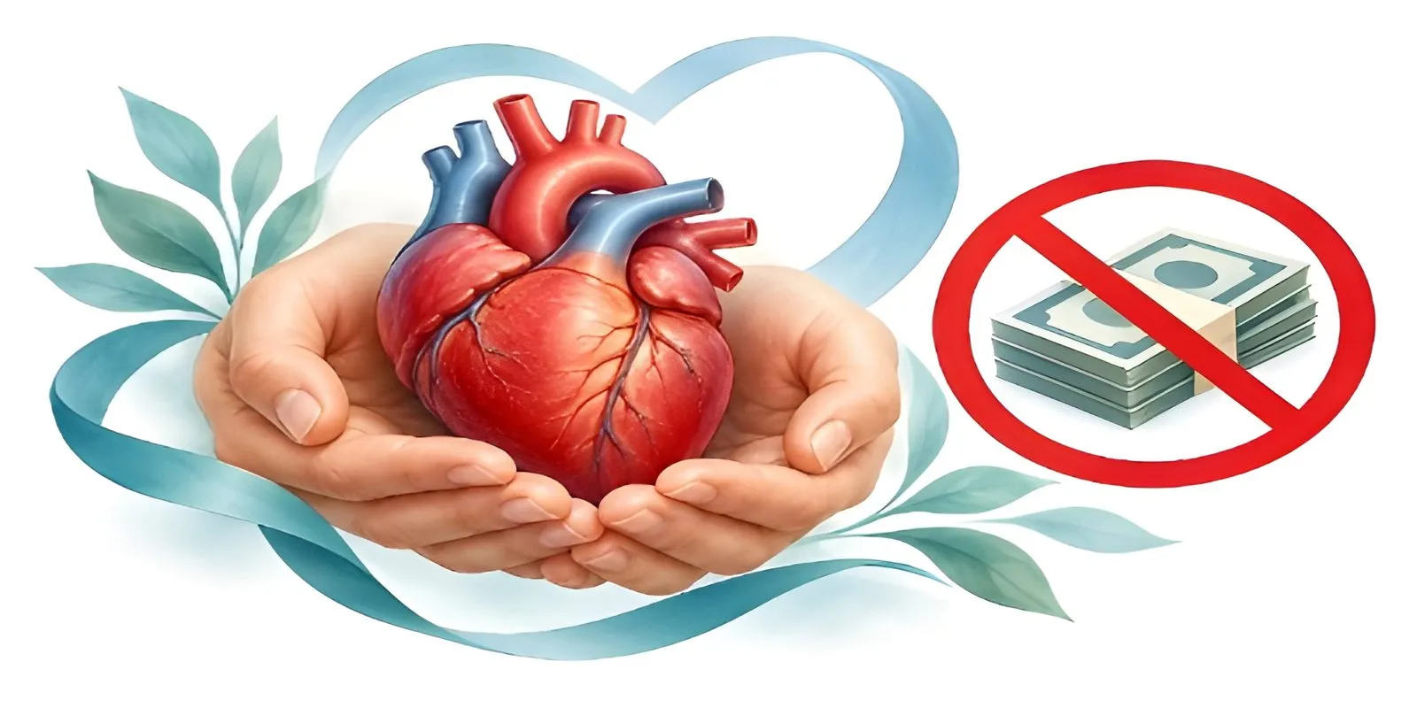 Two cupped hands holding a human heart