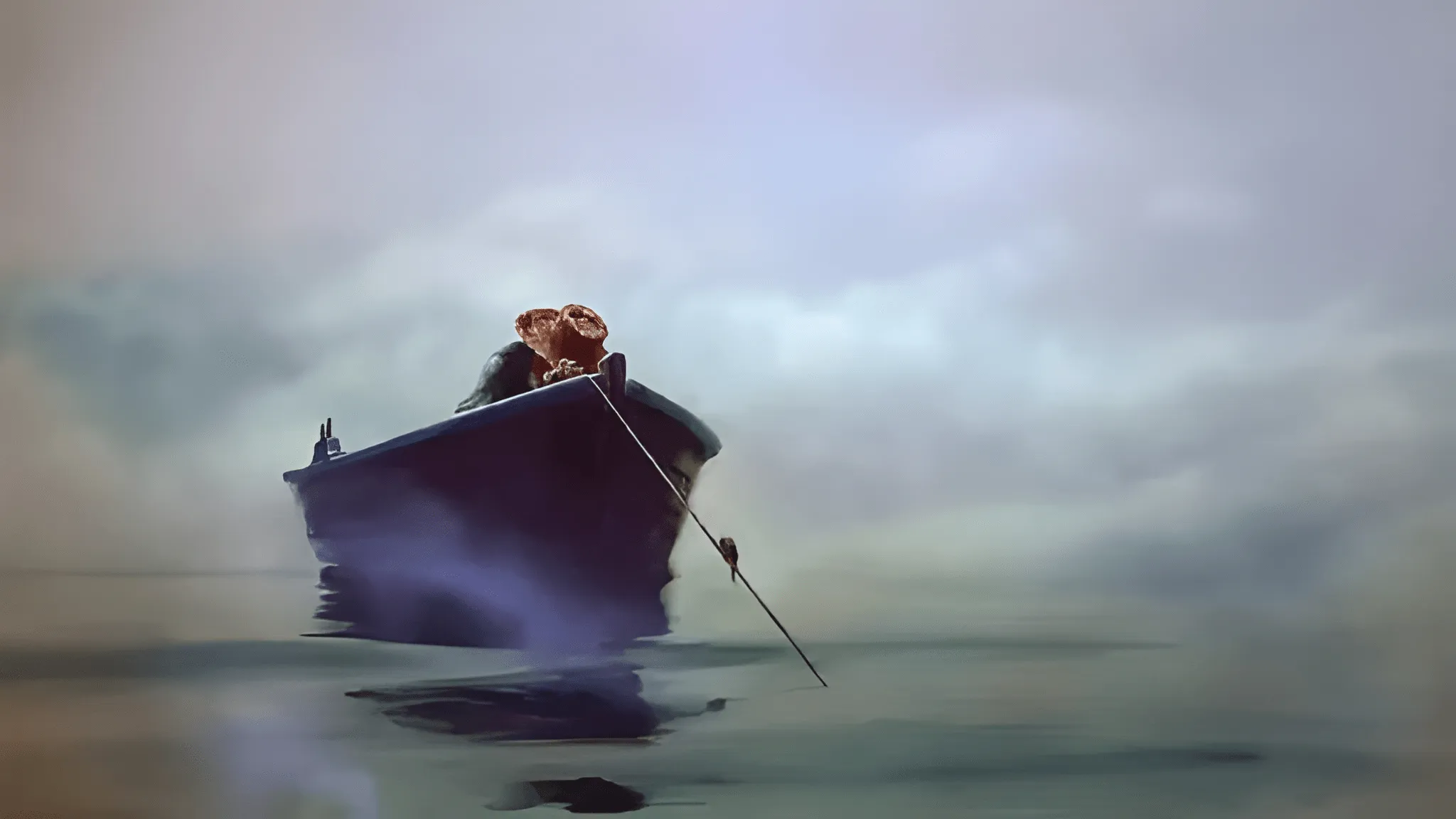 An old fisherman alone in a small skiff on a wide, open sea